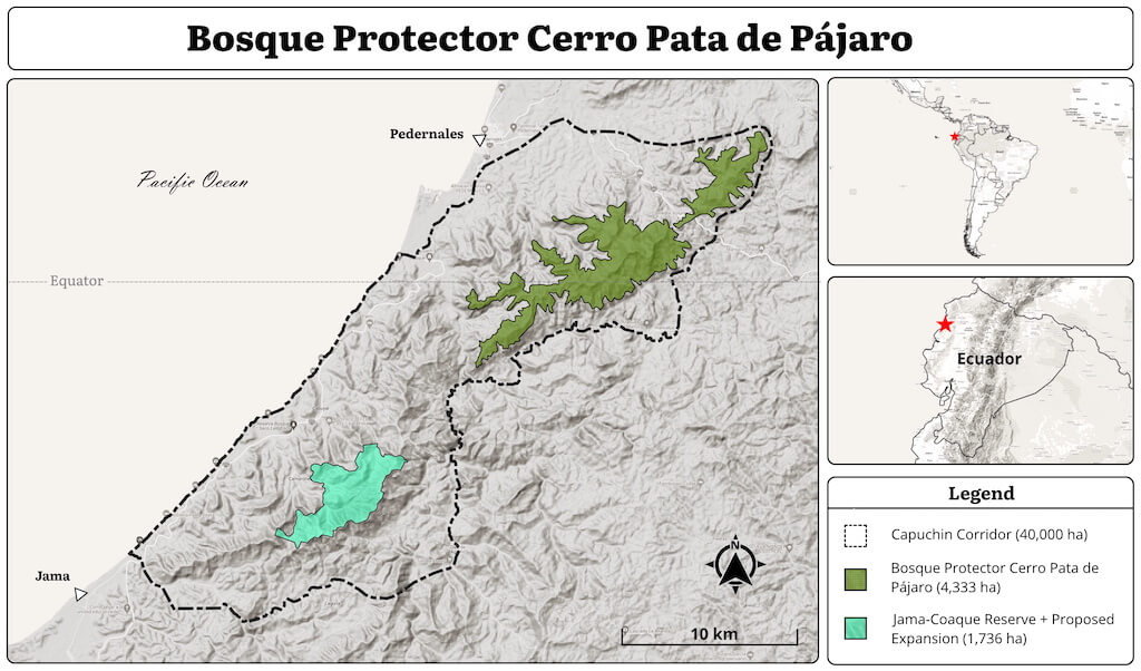 Map of Bosque Protector Cerro Pata de Pajaro and Jama-Coaque Reserve