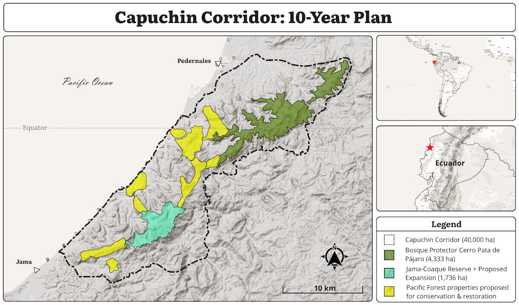 Map of Bosque Protector and Cerro Pata de Pajaro in context of Capuchin Corridor